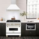 36"Autograph Edition Stainless Steel Range Hood with White Matte Shell and Polished Polished Gold Handle view 2