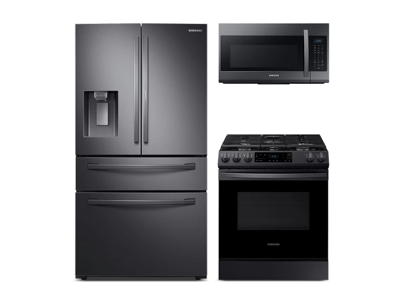 Food Showcase 4-Door French Door Refrigerator, Smart Slide-in Gas Range and Sensor Cooking Microwave all