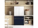 Bespoke 4-Door French Door Refrigerator (23 cu. ft.) with Customizable Door Panel Colors and Beverage Center™ in White Glass Top Panels with Navy Steel Middle and Bottom Panel view 1