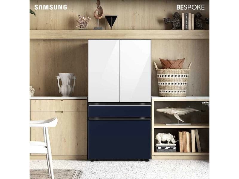 Bespoke 4-Door French Door Refrigerator (23 cu. ft.) with Customizable Door Panel Colors and Beverage Center™ in White Glass Top Panels with Navy Steel Middle and Bottom Panel