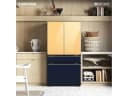 Bespoke 4-Door French Door Refrigerator (29 cu. ft.) with Customizable Door Panel Colors and Beverage Center™ in Sunrise Yellow Glass Top, White Glass Middle, and Morning Blue Glass Bottom Panels view 1