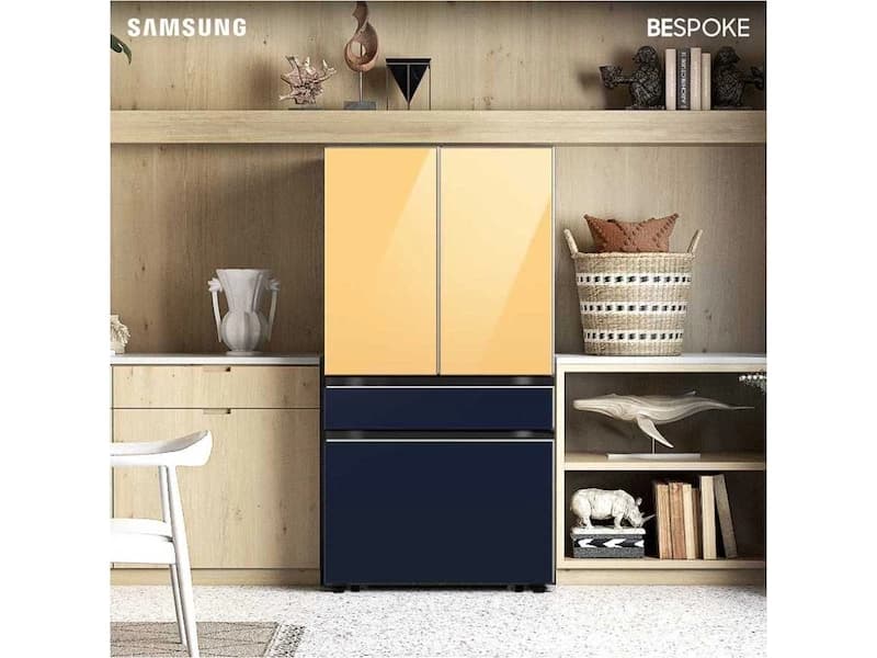 Bespoke 4-Door French Door Refrigerator (29 cu. ft.) with Customizable Door Panel Colors and Beverage Center™ in Sunrise Yellow Glass Top, White Glass Middle, and Morning Blue Glass Bottom Panels