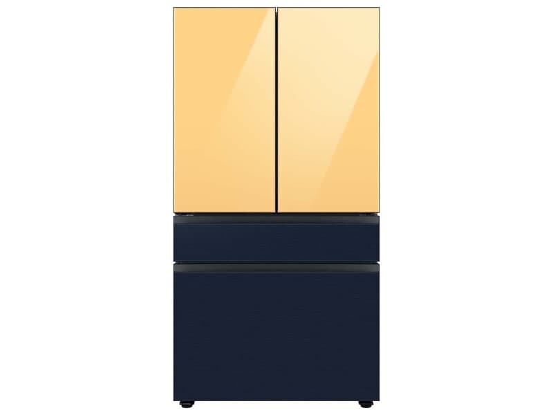 Bespoke 4-Door French Door Refrigerator (23 cu. ft.) with Customizable Door Panel Colors and Beverage Center™ in Sunrise Yellow Glass Top, White Glass Middle, and Morning Blue Glass Bottom Panels