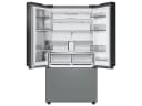 Bespoke 3-Door French Door Refrigerator (30 cu. ft.) - with Top Left Panel in Morning Blue Glass, Family Hub Panel in White Glass - and Pink Glass Bottom Door Panel view 3