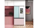 Bespoke 3-Door French Door Refrigerator (30 cu. ft.) - with Top Left Panel in Morning Blue Glass, Family Hub Panel in White Glass - and Pink Glass Bottom Door Panel view 1