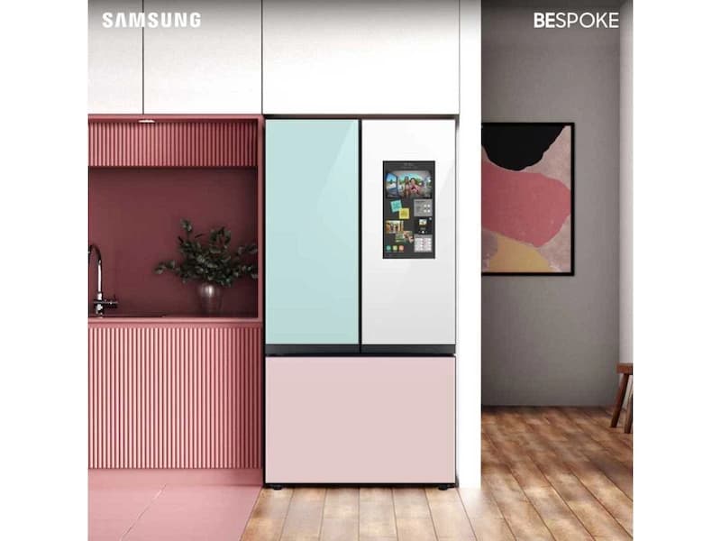 Bespoke 3-Door French Door Refrigerator (30 cu. ft.) - with Top Left Panel in Morning Blue Glass, Family Hub Panel in White Glass - and Pink Glass Bottom Door Panel