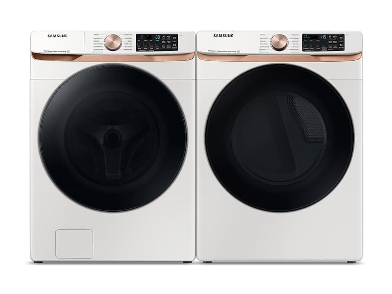 Extra Large Capacity Smart Front Load Washer and Electric Dryer Set with Super Speed Wash, Steam Sanitize+, and Sensor Dry in Ivory