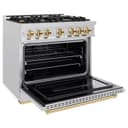 ZLINE Autograph Edition 36 in. 5.2 cu. ft. Classic Dual Fuel Range with 6 Burner Gas Cooktop and Electric Convection Oven in DuraSnow® Stainless Steel with Polished Gold Accents (CDRSZ-36-G) view 4