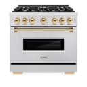 ZLINE Autograph Edition 36 in. 5.2 cu. ft. Classic Dual Fuel Range with 6 Burner Gas Cooktop and Electric Convection Oven in DuraSnow® Stainless Steel with Polished Gold Accents (CDRSZ-36-G) view 5