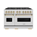 ZLINE Autograph Edition 48 in. 6.7 cu. ft. Classic Double Oven Dual Fuel Range with 8 Burner Gas Cooktop in DuraSnow® Stainless Steel and Champagne Bronze Accents (CDRSZ-48-CB) view 2