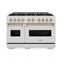 ZLINE Autograph Edition 48 in. 6.7 cu. ft. Classic Double Oven Dual Fuel Range with 8 Burner Gas Cooktop in DuraSnow® Stainless Steel and Polished Gold Accents (CDRSZ-48-G) view 2