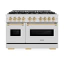ZLINE Autograph Edition 48 in. 6.7 cu. ft. Classic Double Oven Dual Fuel Range with 8 Burner Gas Cooktop in DuraSnow® Stainless Steel and Polished Gold Accents (CDRSZ-48-G) view 4
