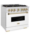 ZLINE Autograph Edition 36 in. 5.2 cu. ft. Classic Dual Fuel Range with 6 Burner Gas Cooktop and Electric Convection Oven in DuraSnow® Stainless Steel with White Matte Door and Champagne Bronze Accents (CDRSZ-WM-36-CB) view 5