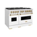 ZLINE Autograph Edition 48 in. 6.7 cu. ft. Classic Double Oven Dual Fuel Range with 8 Burner Gas Cooktop in DuraSnow® Stainless Steel with White Matte Doors and Polished Gold Accents (CDRSZ-WM-48-G) view 1