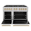ZLINE Autograph Edition 48 in. 6.7 cu. ft. Classic Double Oven Dual Fuel Range with 8 Burner Gas Cooktop in DuraSnow® Stainless Steel with White Matte Doors and Polished Gold Accents (CDRSZ-WM-48-G) view 3