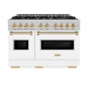 ZLINE Autograph Edition 48 in. 6.7 cu. ft. Classic Double Oven Dual Fuel Range with 8 Burner Gas Cooktop in DuraSnow® Stainless Steel with White Matte Doors and Polished Gold Accents (CDRSZ-WM-48-G) view 5
