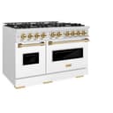 ZLINE Autograph Edition 48 in. 6.7 cu. ft. Classic Double Oven Dual Fuel Range with 8 Burner Gas Cooktop in DuraSnow® Stainless Steel with White Matte Doors and Polished Gold Accents (CDRSZ-WM-48-G) view 6