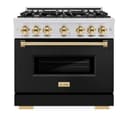 ZLINE Autograph Edition 36 in. 5.2 cu. ft. Classic Dual Fuel Range with 6 Burner Gas Cooktop and Electric Convection Oven in Stainless Steel with Black Matte Door and Polished Gold Accents (CDRZ-BLM-36-G) view 3