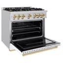 ZLINE Autograph Edition 36 in. 5.2 cu. ft. Classic Dual Fuel Range with 6 Burner Gas Cooktop and Electric Convection Oven in Stainless Steel with White Matte Door and Polished Gold Accents (CDRZ-WM-36-G) view 6