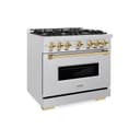 ZLINE Autograph Edition 36 in. 5.2 cu. ft. Classic Gas Range with 6 Burner Cooktop and Convection Gas Oven in DuraSnow® Stainless Steel and Polished Gold Accents (CGRSZ-36-G) view 1