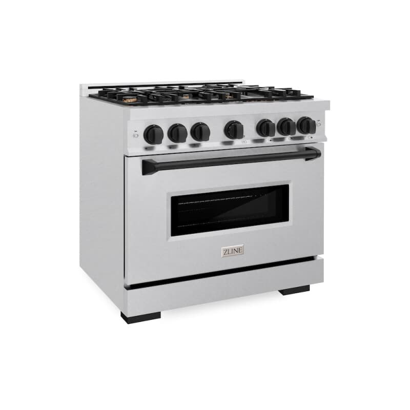 ZLINE Autograph Edition 36 in. 5.2 cu. ft. Classic Gas Range with 6 Burner Cooktop and Convection Gas Oven in DuraSnow® Stainless Steel and Matte Black Accents (CGRSZ-36-MB)