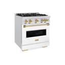 ZLINE Autograph Edition 30 in. 4.2 cu. ft. Classic Gas Range with 4 Burner Cooktop and Convection Gas Oven in DuraSnow® Stainless Steel with White Matte Door and Polished Gold Accents (CGRSZ-WM-30-G) view 1