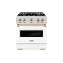 ZLINE Autograph Edition 30 in. 4.2 cu. ft. Classic Gas Range with 4 Burner Cooktop and Convection Gas Oven in DuraSnow® Stainless Steel with White Matte Door and Polished Gold Accents (CGRSZ-WM-30-G) view 2