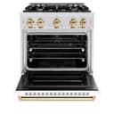 ZLINE Autograph Edition 30 in. 4.2 cu. ft. Classic Gas Range with 4 Burner Cooktop and Convection Gas Oven in DuraSnow® Stainless Steel with White Matte Door and Polished Gold Accents (CGRSZ-WM-30-G) view 3