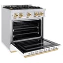 ZLINE Autograph Edition 30 in. 4.2 cu. ft. Classic Gas Range with 4 Burner Cooktop and Convection Gas Oven in DuraSnow® Stainless Steel with White Matte Door and Polished Gold Accents (CGRSZ-WM-30-G) view 6