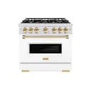 ZLINE Autograph Edition 36 in. 5.2 cu. ft. Classic Gas Range with 6 Burner Cooktop and Convection Gas Oven in DuraSnow® Stainless Steel with White Matte Door and Polished Gold Accents (CGRSZ-WM-36-G) view 2