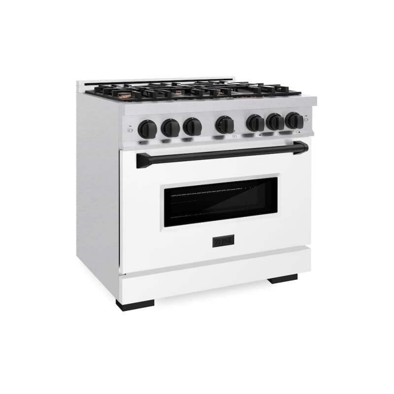 ZLINE Autograph Edition 36 in. 5.2 cu. ft. Classic Gas Range with 6 Burner Cooktop and Convection Gas Oven in DuraSnow® Stainless Steel with White Matte Door and Matte Black Accents (CGRSZ-WM-36-MB)