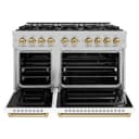 ZLINE Autograph Edition 48 in. 6.7 cu. ft. Classic Double Oven Gas Range with 8 Burner Cooktop in DuraSnow® Stainless Steel with White Matte Doors and Champagne Bronze Accents (CGRSZ-WM-48-CB) view 3