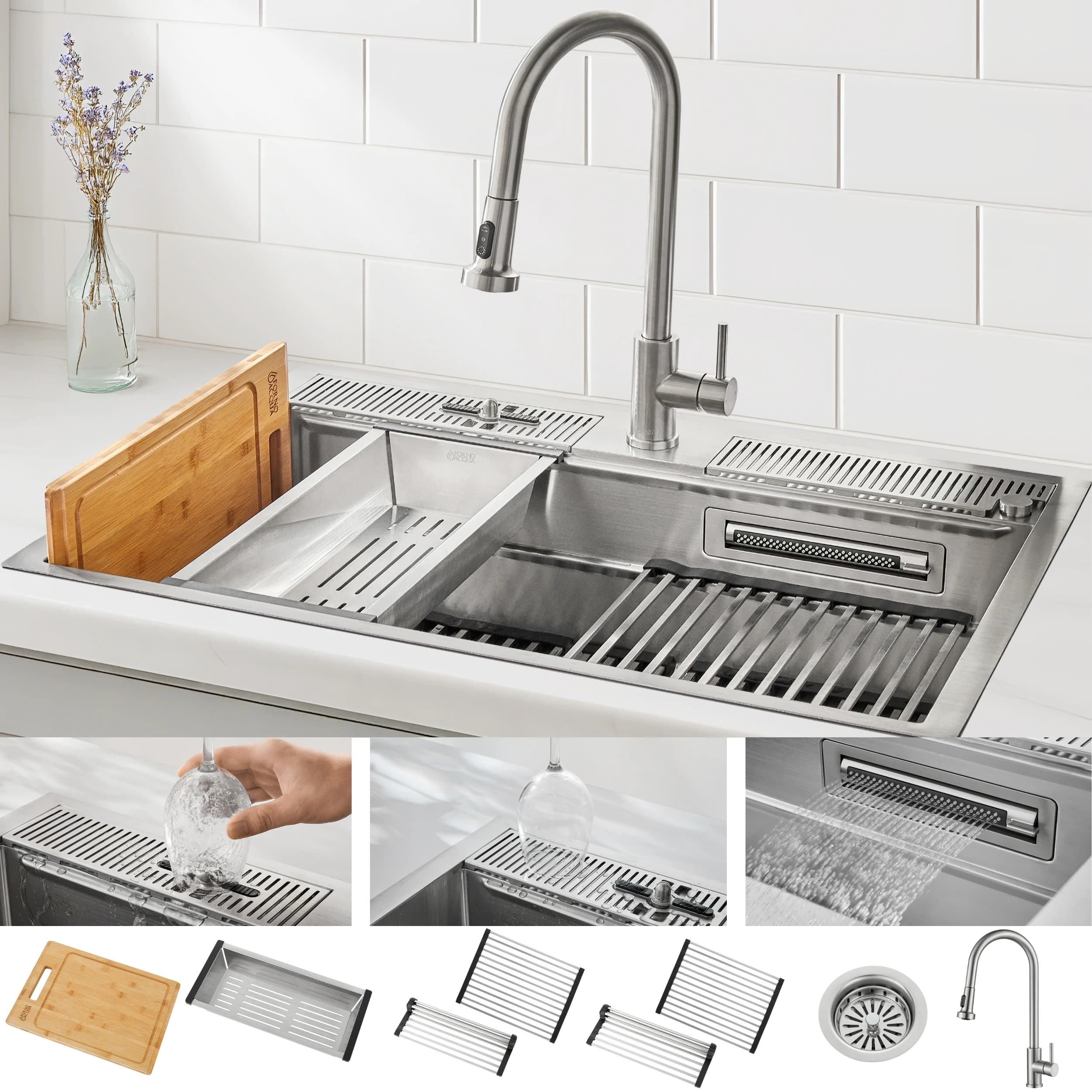 ACQUA 33 in. Drop-In/Undermount 3-Level Workstation Sink with Faucet, Waterfall & Glass Rinser