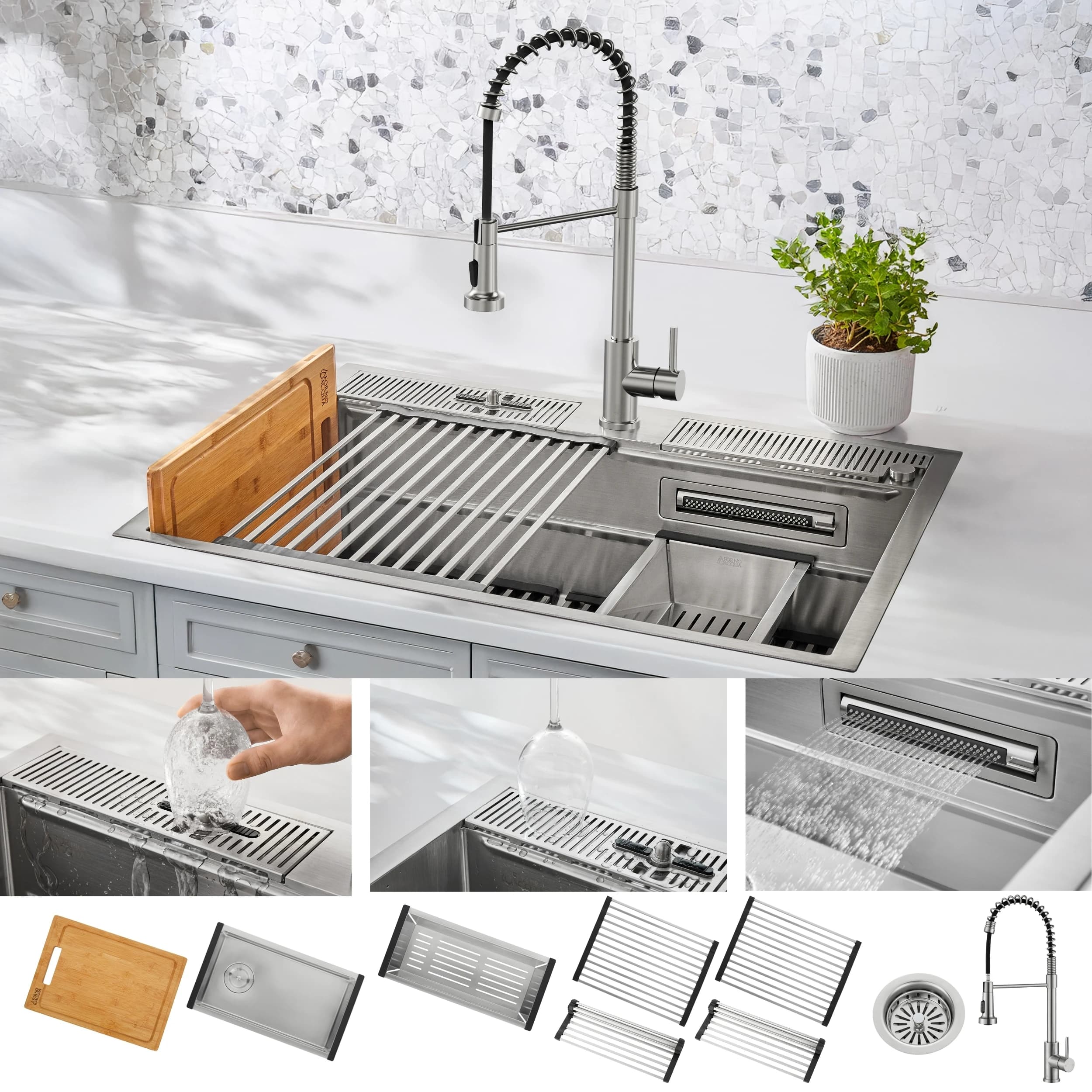 ACQUA MultiSINK kit with Integrated Waterfall Rinsing and Glass Washing Station. Includes Chef Faucet and Accessories.