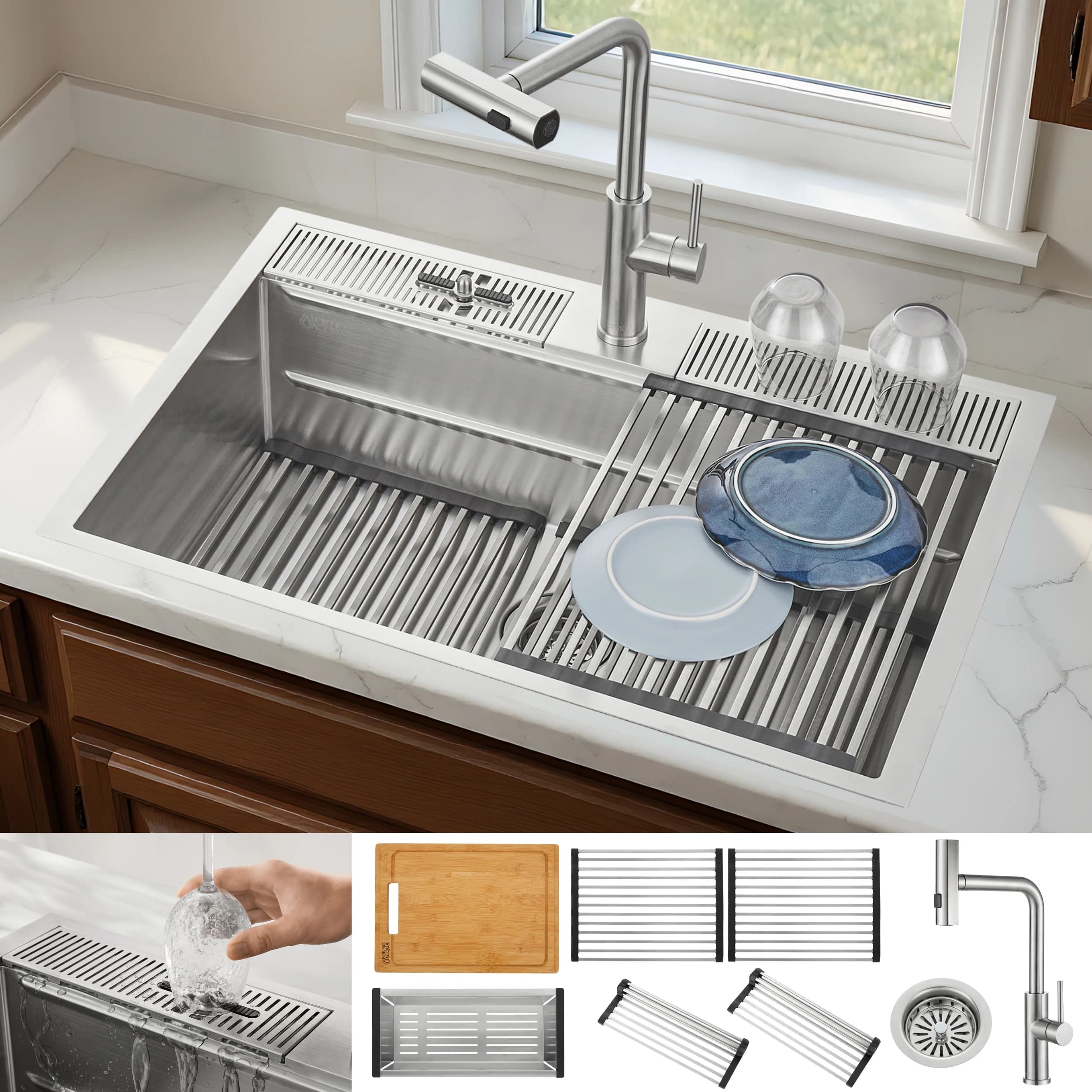 ACQUA 33 in. Drop-In/Undermount 3-Level Workstation Sink with Waterfall Faucet & Glass Rinser
