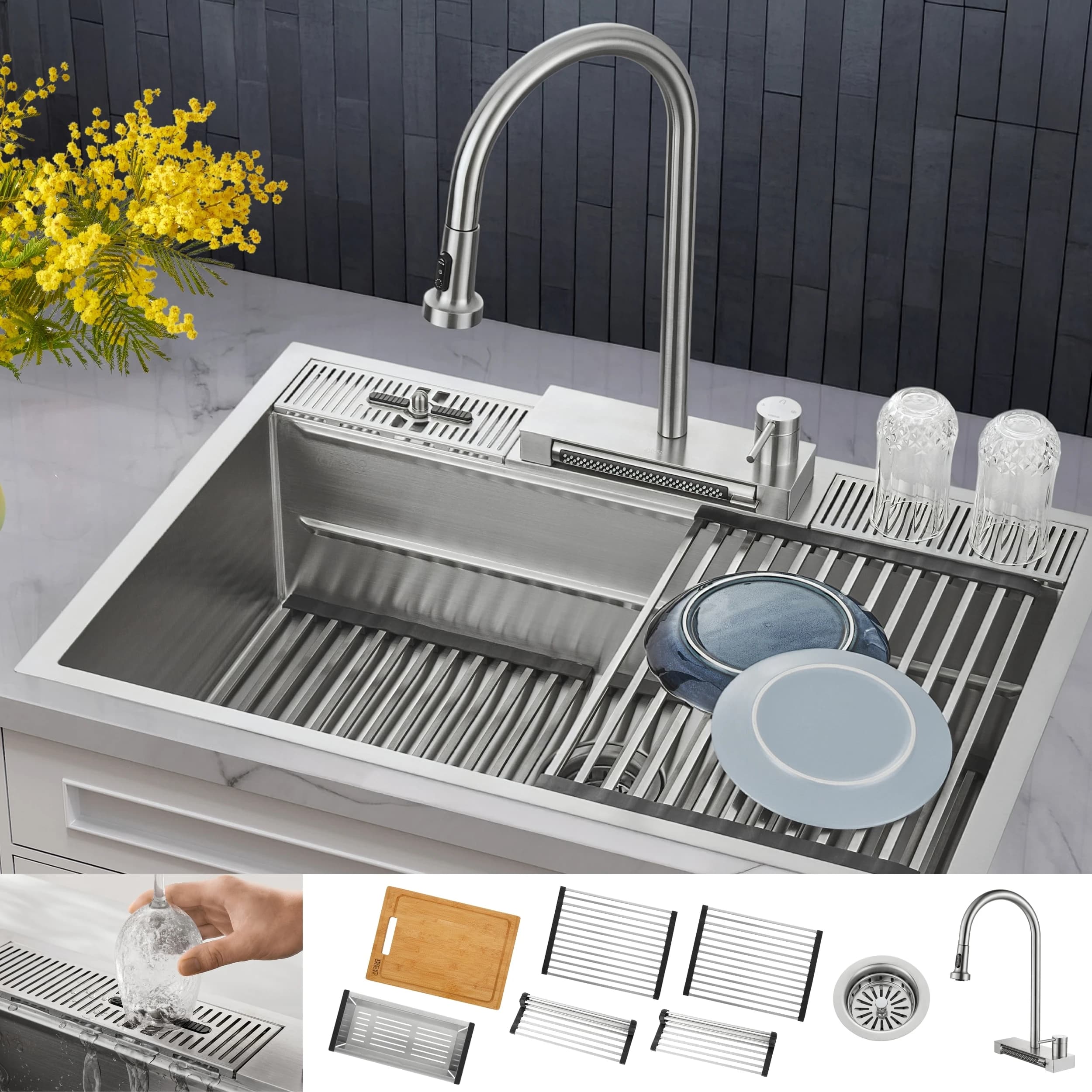 ACQUA 33 in. Drop-In/Undermount MultiSINK Workstation Sink with Waterfall Faucet & Glass Rinser