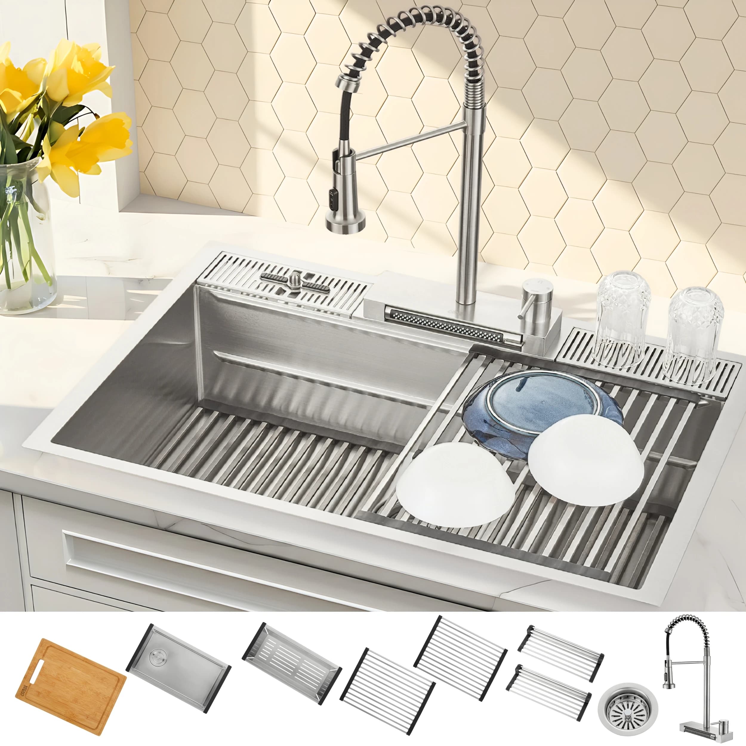 ACQUA 33 in. Drop-In/Undermount 3-Level MultiSINK Workstation Sink with Waterfall Faucet & Glass Rinser