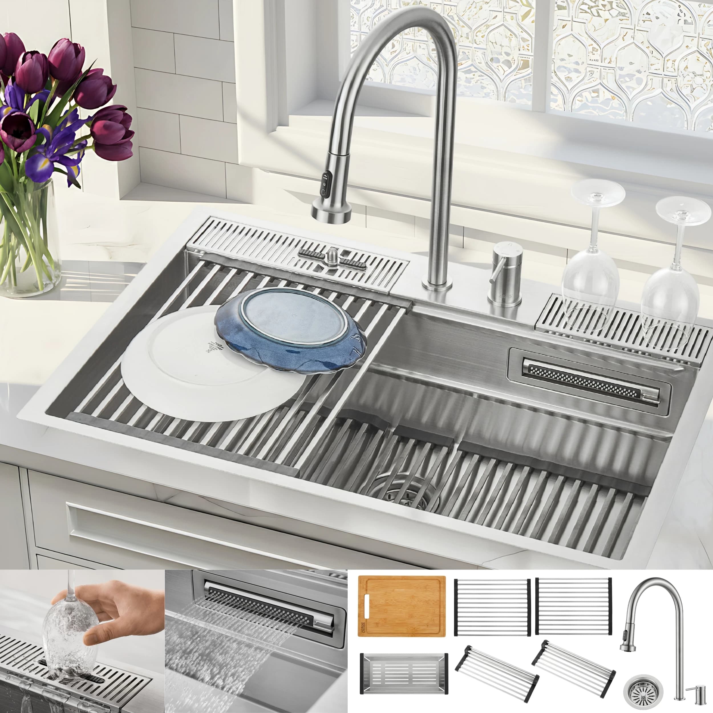 ACQUA 33 in. Drop-In/Undermount 3 Level Workstation Sink with Faucet, Waterfall & Glass Rinser