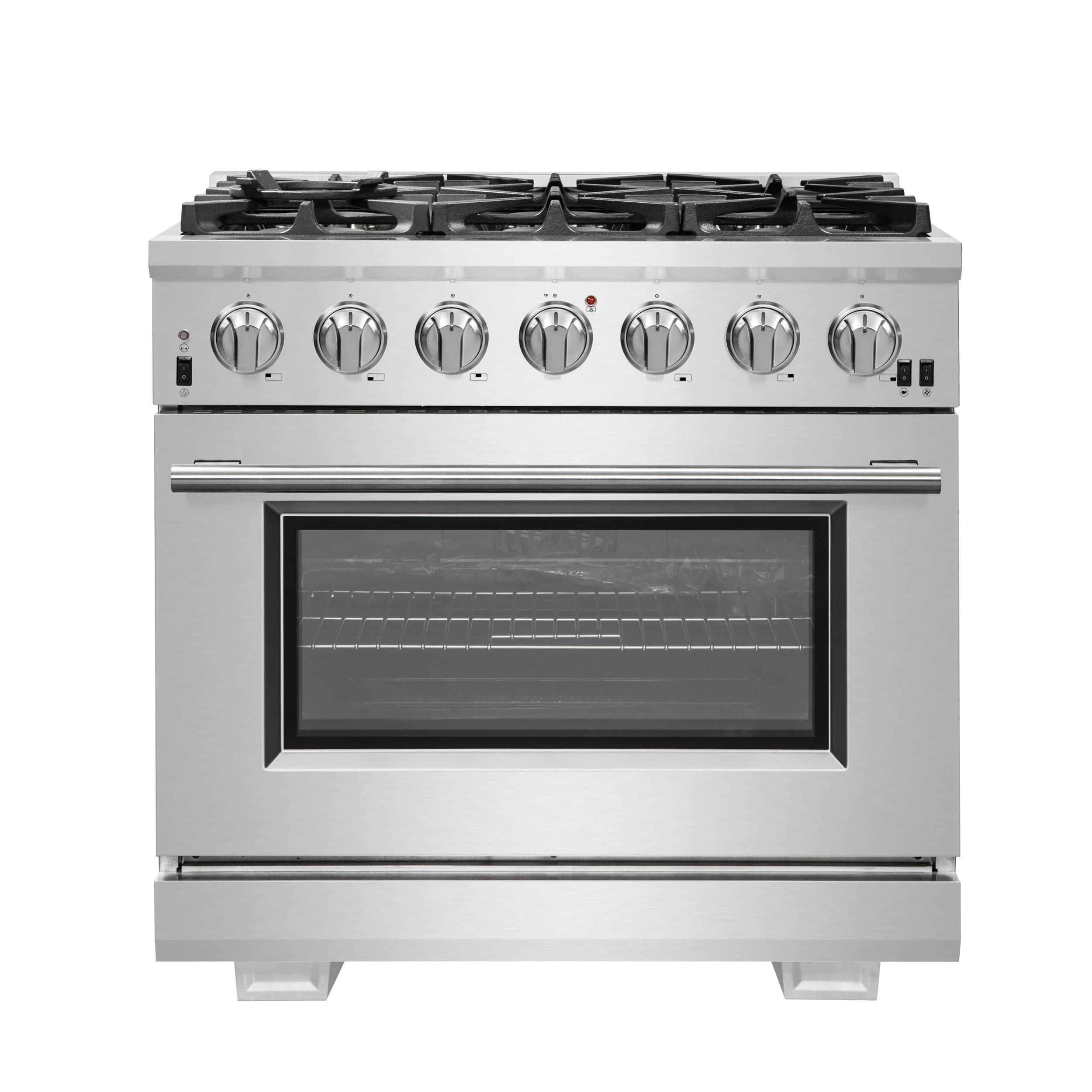 Capriasca 36-Inch Gas Range, Stainless Steel, 6 Brass Burners, 120,000 BTU, Convection Oven, Energy Efficient