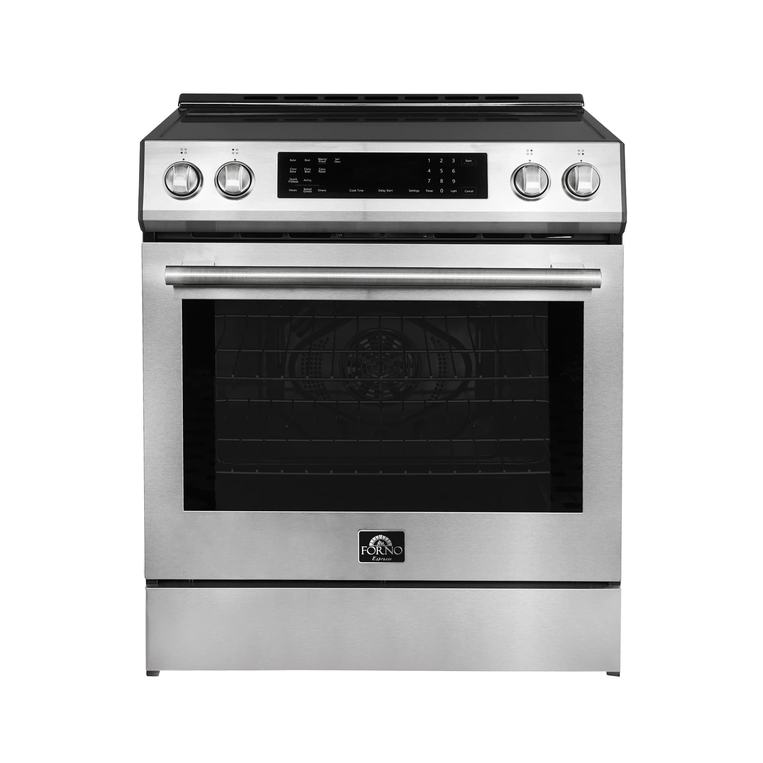 Donatello Espresso 30-Inch Slide-In Stainless Steel Induction Range, Convection Oven, 5 Cooking Zones, Touch Control Panel