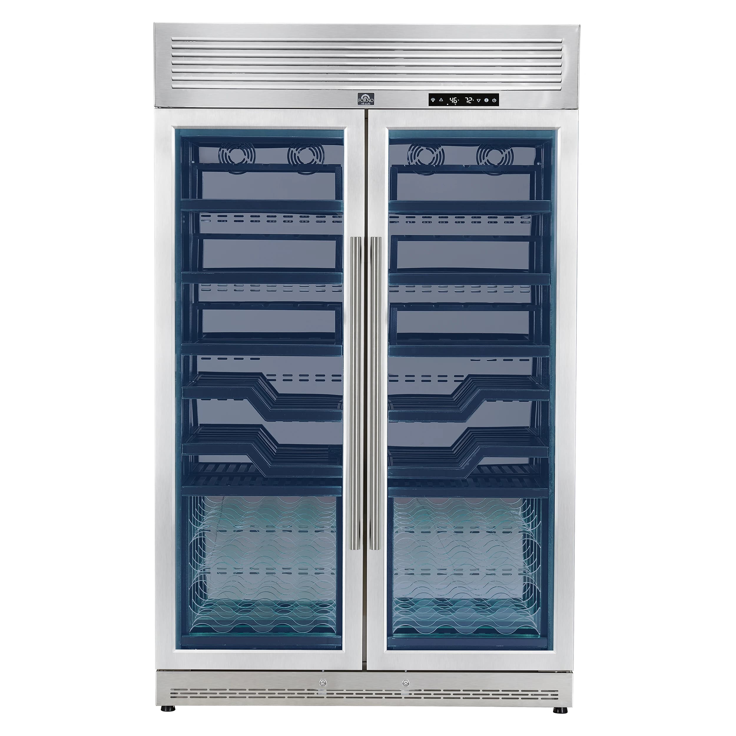 Abruzzo 48-Inch Dual Zones Wine Cellar, 102 Bottles, 24 cu. ft., Green Acrylic Holders & Black Shelves