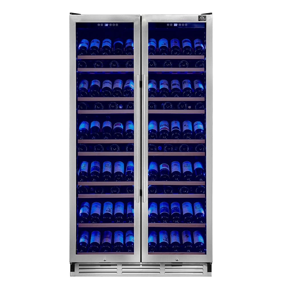Vernazza 40-Inch Side-by-Side Dual Zone Wine Cellar, 25.07 cu.ft Capacity, Stainless Steel, Temperature Control, UV-Protected Glass Door, Wooden Shelves