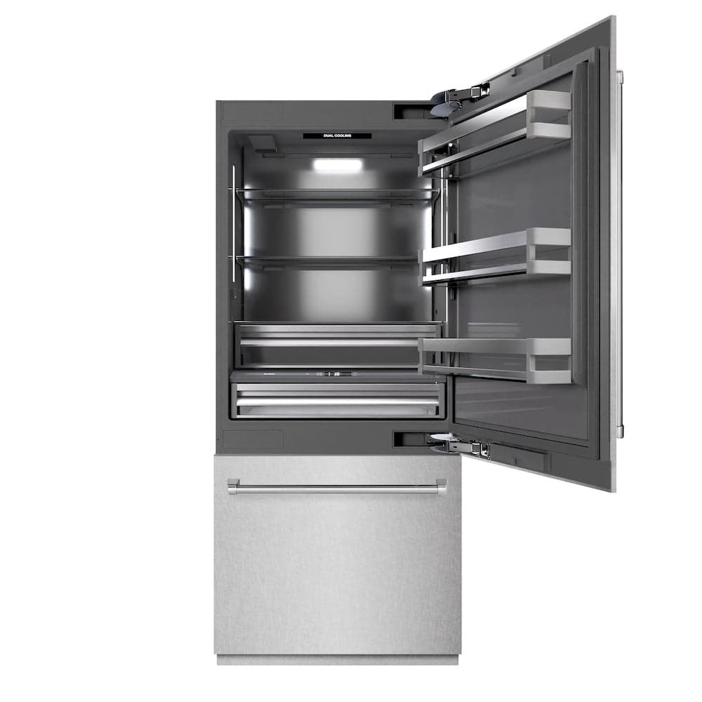 36 In. 19.8 Cu. Ft. Built-in Bottom Freezer Refrigerator With Water Dispenser And Ice Maker In Satin Stainless Steel With Graphite Gray Interior