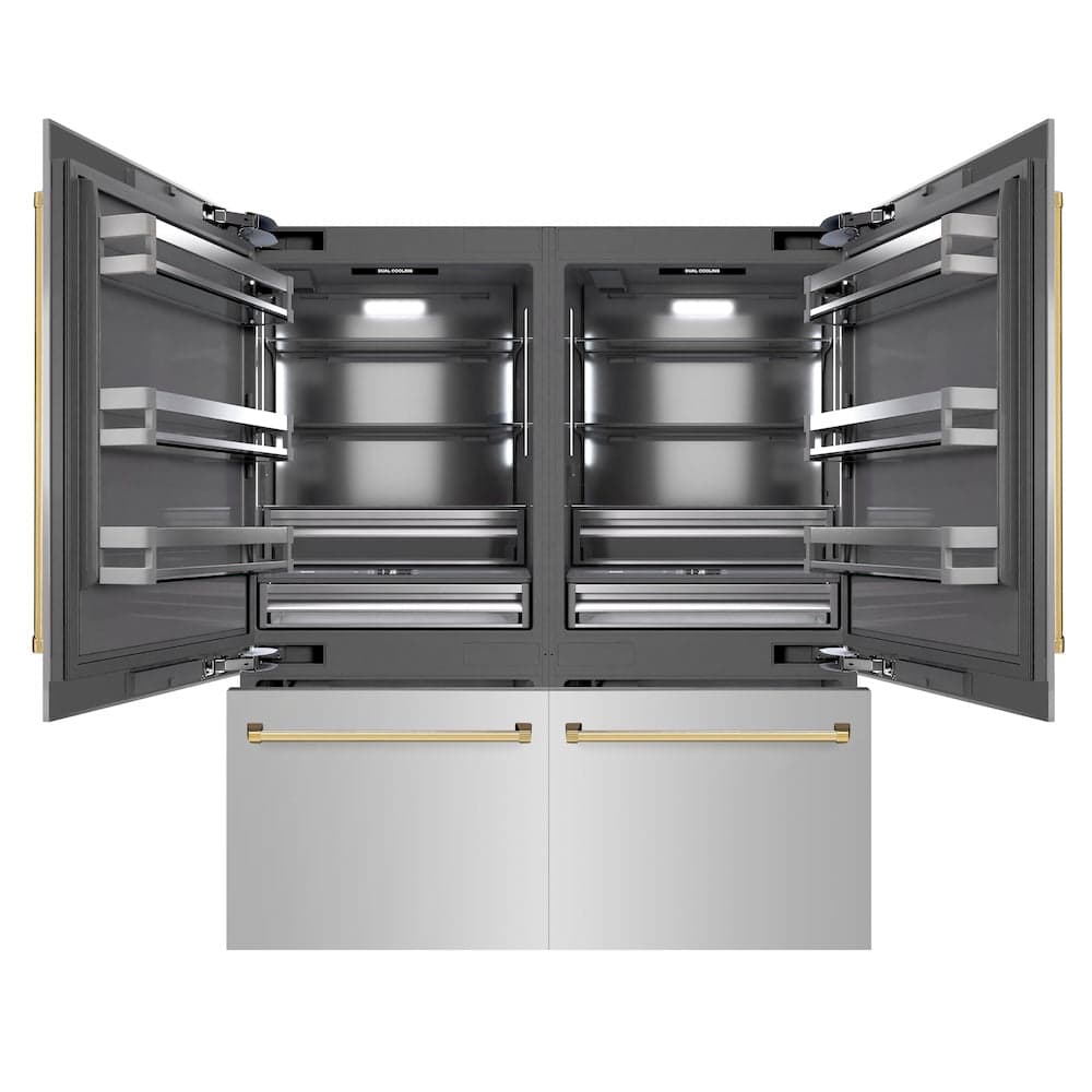 ZLINE Autograph Edition 72 in. 39.6 cu. ft. French Door Built-In Bottom Freezer Refrigerator with Water Dispensers and Ice Makers in Stainless Steel with Graphite Gray Interior and Polished Gold Accents (GRBITZ-304-72G)
