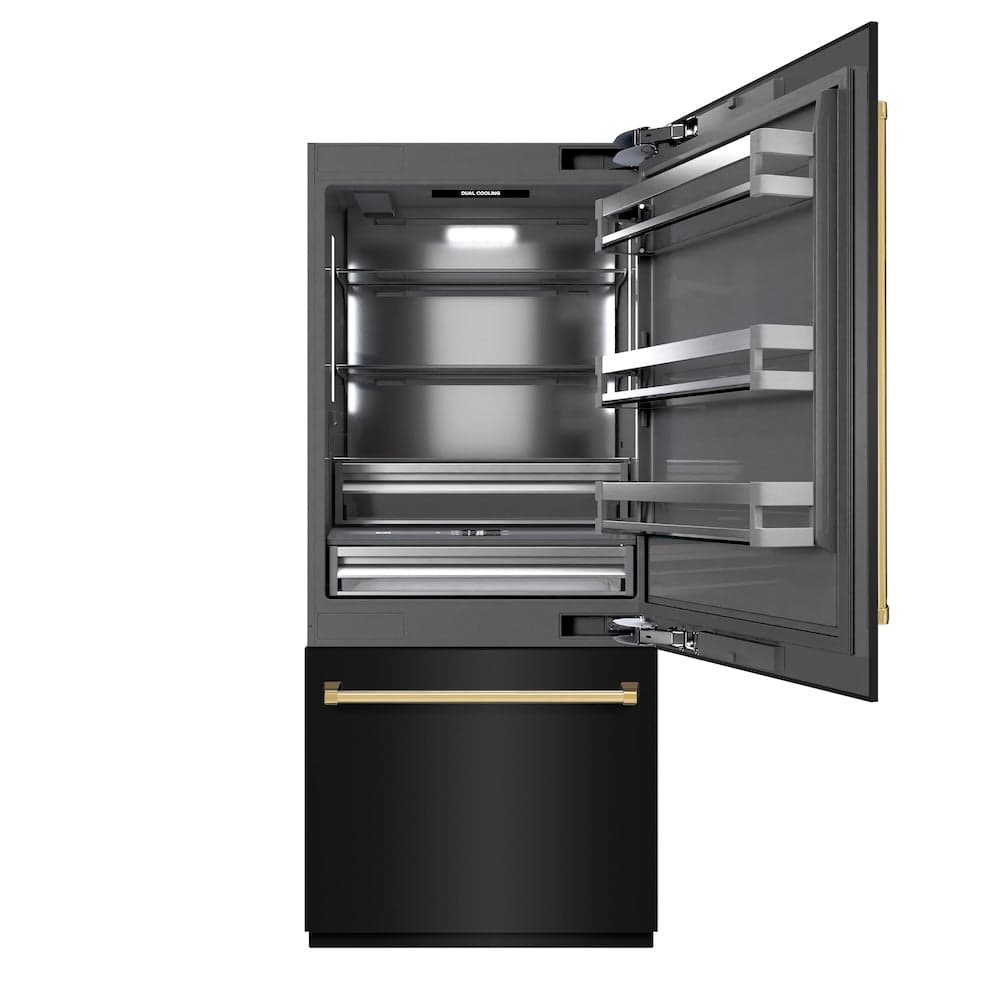 ZLINE Autograph Edition 36 in. 19.8 cu. ft. Built-In Bottom Freezer Refrigerator with Water Dispenser and Ice Maker in Black Stainless Steel with Graphite Gray Interior and Polished Gold Accents (GRBITZ-BS-36-G)