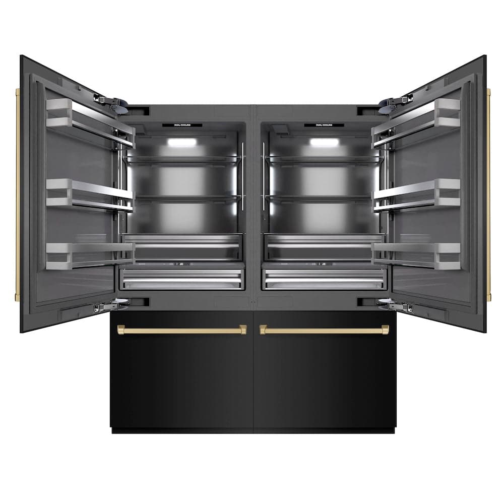 ZLINE Autograph Edition 72 in. 39.6 cu. ft. French Door Built-In Bottom Freezer Refrigerator with Water Dispensers and Ice Makers in Black Stainless Steel with Graphite Gray Interior and Champagne Bronze Accents (GRBITZ-BS-72-CB)