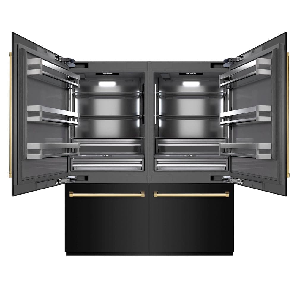 ZLINE Autograph Edition 72 in. 39.6 cu. ft. French Door Built-In Bottom Freezer Refrigerator with Water Dispensers and Ice Makers in Black Stainless Steel with Graphite Gray Interior and Polished Gold Accents (GRBITZ-BS-72-G)
