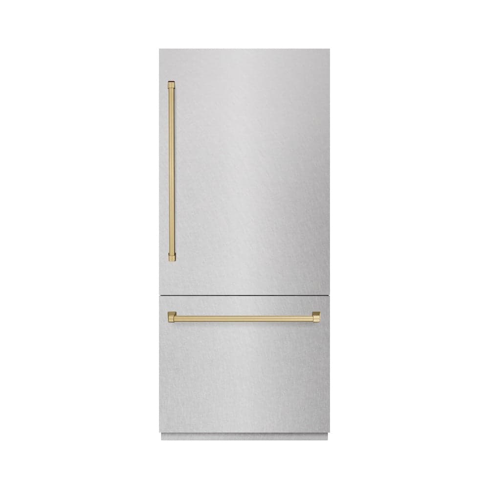 Autograph Edition 36 In. 19.8 Cu. Ft. Built-in Bottom Freezer Refrigerator With Water Dispenser And Ice Maker In Satin Stainless Steel With Graphite Gray Interior And Champagne Bronze Accents