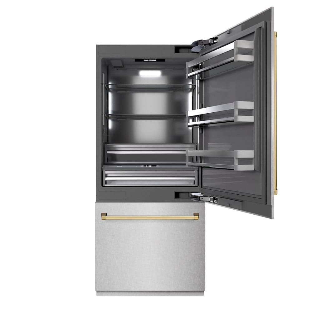 Autograph Edition 36 In. 19.8 Cu. Ft. Built-in Bottom Freezer Refrigerator With Water Dispenser And Ice Maker In Satin Stainless Steel With Graphite Gray Interior And Polished Gold Accents