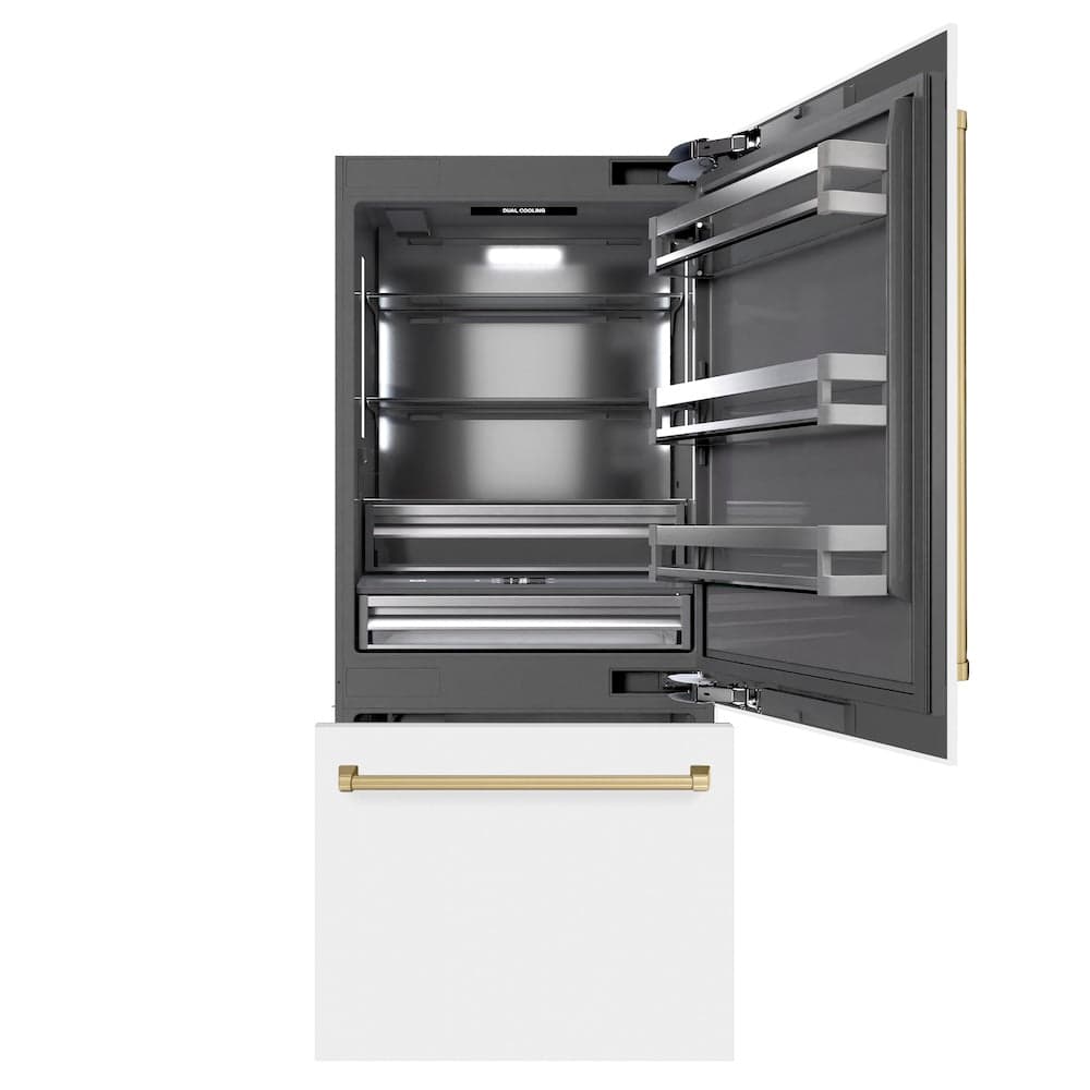 Autograph Edition 36 In. 19.8 Cu. Ft. Built-in Bottom Freezer Refrigerator With Water Dispenser And Ice Maker In White Matte With Graphite Gray Interior And Champagne Bronze Accents